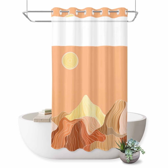 No Hook Shower Curtain Sun Mountains Shower Curtain for Bathroom Orange Abstract Lines Landscapes Bath Curtains Waterproof Fabric with See Through Top Window for Spa Hotel 36x72 Inch