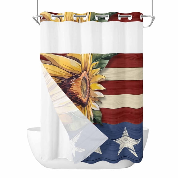 No Hook Shower Curtain, Sunflower America Flag Stall Bathroom Curtains with Snap in Liner, Farmhouse Retro US Flag Waterproof Washable Fabric Shower Curtain Set, 48"W x 72"L