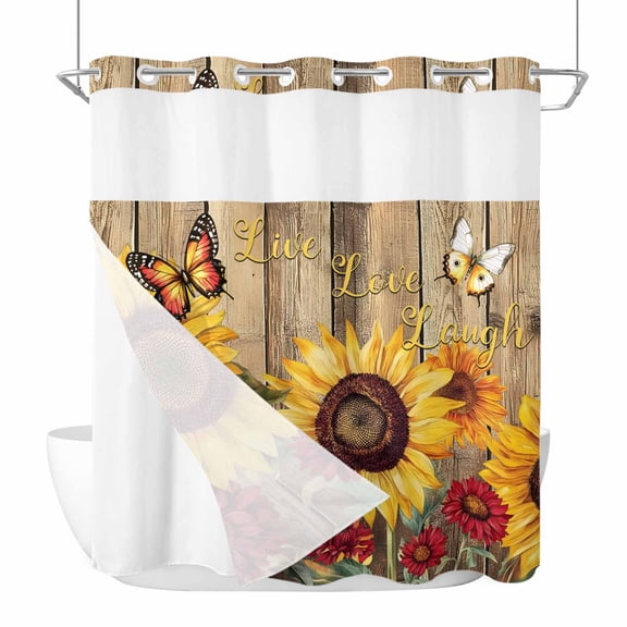 No Hook Shower Curtain, Sunflower Brown Wooden Standard Shower Curtain with Snap in Liner, Vintage Flowers Butterfly Waterproof Washable Fabric Bathroom Curtains Sets, 72"W x 72"L