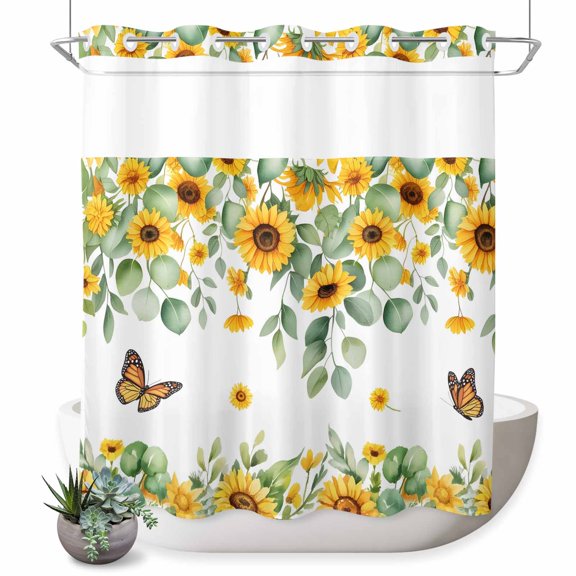 No Hook Shower Curtain Sunflower Shower Curtain for Bathroom Butterfly Farmhouse Floral Green Leaves Bath Curtains Waterproof Fabric with See Through Top Window for Spa Hotel 72x72 Inch