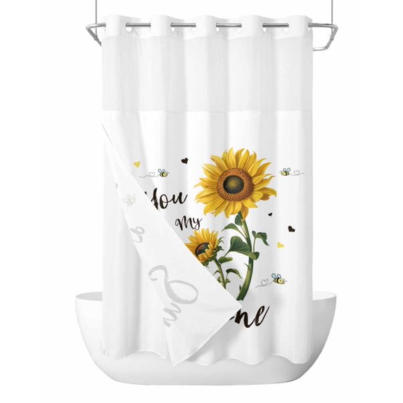 No Hook Shower Curtain, Sunflower Sunshine Small Shower Curtains with Snap in Liner, Pastoral Bees Farmhouse Floral Waterproof Washable Fabric Bathroom Curtain Sets, 36" x 78"
