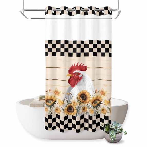 No Hook Shower Curtain, Sunflowers Rooster Shower Curtains for Bathroom with See Through Top Window, Farmhouse Vintage Beige Wooden Plaid Waterproof & Washable Bath Curtain Stand Up Stall 36"x72"