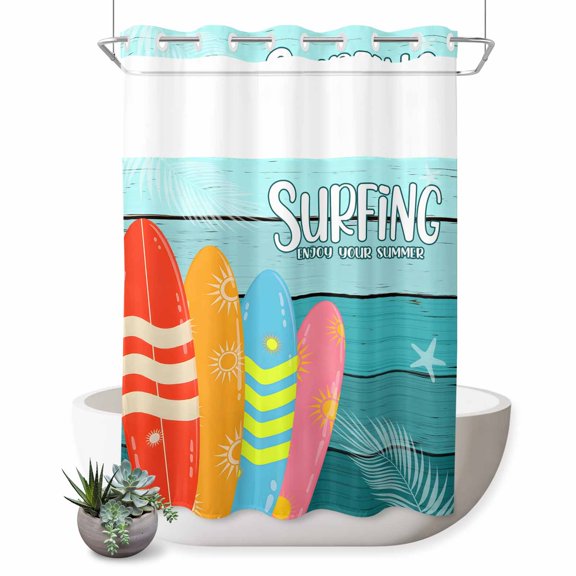 No Hook Shower Curtain, Surfboard Shower Curtains for Bathroom with See Through Top Window, Summer Starfish Palm Leaf Wood Grain Blue Waterproof & Washable Bath Curtain 60"x72"