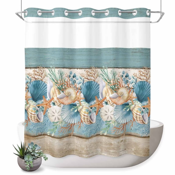 No Hook Shower Curtain, Teal Blue Brown Beach Coastal Shower Curtains for Bathroom with See Through Top Window, Nautical Shell Starfish Coral Summer Waterproof Bath Curtain Standard 72"x72"