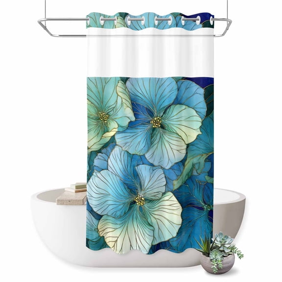 No Hook Shower Curtain, Teal Blue Leaves Shower Curtains for Bathroom with See Through Top Window, Modern Abstract Art Botanical Waterproof & Washable Bath Curtain Stand Up Stall 36"x72"