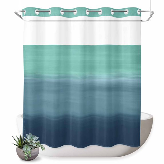 No Hook Shower Curtain, Teal Blue Ombre Shower Curtains for Bathroom with See Through Top Window, Modern Abstract Art Texture Waterproof & Washable Bath Curtain 66"x72"