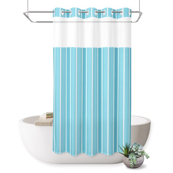 No Hook Shower Curtain, Teal Blue Stripe Shower Curtains for Bathroom with See Through Top Window, Modern Minimalist Geometric Striped Waterproof & Washable Bath Curtain Narrow 54"x78"