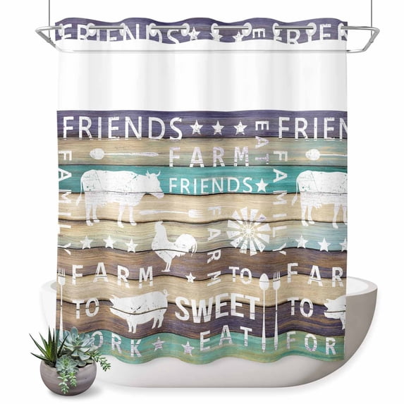 No Hook Shower Curtain, Teal Brown Wooden Shower Curtains for Bathroom with See Through Top Window, Vintage Elegant Pastoral Animals Retro Art Waterproof & Washable Bath Curtain 66"x72"