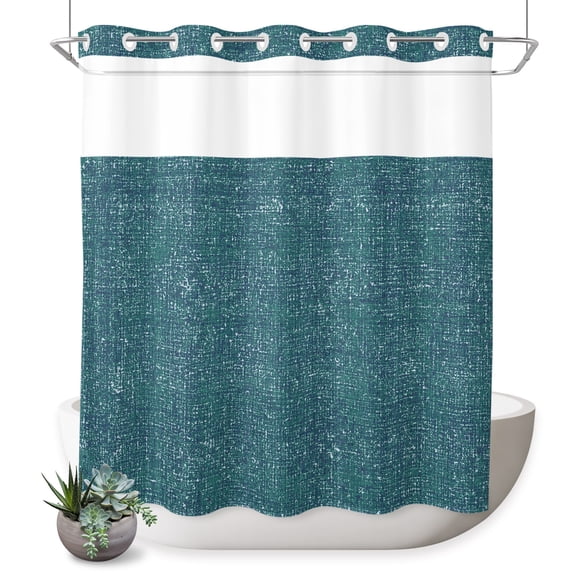 No Hook Shower Curtain, Teal Coastal Shower Curtains for Bathroom with See Through Top Window, Farmhouse Vintage Turquoise Solid Color Waterproof & Washable Bath Curtain Standard 72"x72"