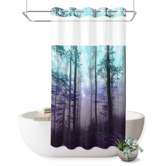 No Hook Shower Curtain Teal Forest Shower Curtain for Bathroom Purple Misty Forest Trees Nature Bath Curtains Waterproof Fabric with See Through Top Window for Spa Hotel 36x72 Inch