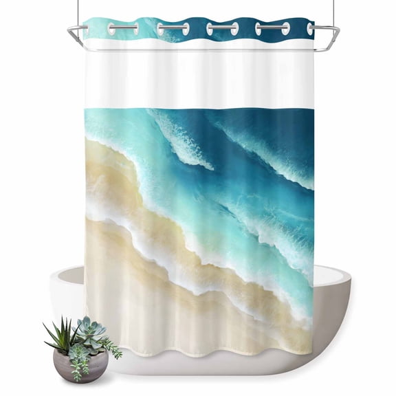 No Hook Shower Curtain, Teal Gradient Ocean Shower Curtains for Bathroom with See Through Top Window, Ombre Watercolor Coastal Beach Waves Waterproof & Washable Bath Curtain 60"x72"