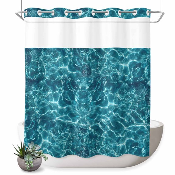 No Hook Shower Curtain, Teal Green Ocean Waves Shower Curtains for Bathroom with See Through Top Window, Summer Sea Pool Waterproof & Washable Bath Curtain 66"x72"