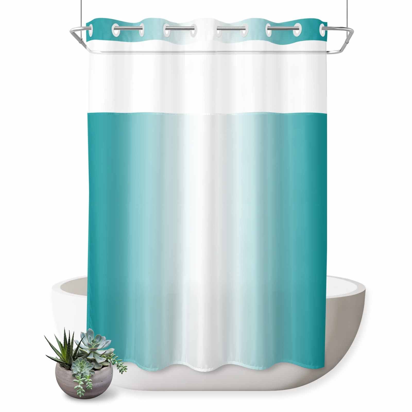 No Hook Shower Curtain, Teal Ombre Waterproof Fabric Shower Curtains for Bathroom, Turquoise White Gradient Modern Abstract Art Bathroom Curtain with Mesh Top Window for Home Hotel Bathtub 48"x72"