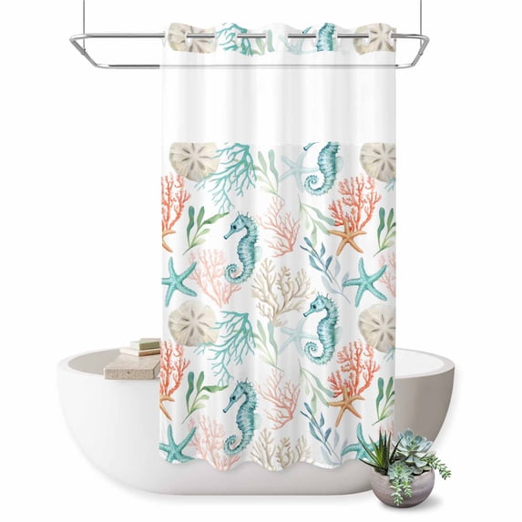 No Hook Shower Curtain, Teal Red Seahorse Coastal Shower Curtains for Bathroom with See Through Top Window, Nautical Beach Coral Starfish Waterproof & Washable Bath Curtain Stand Up Stall 36"x72"