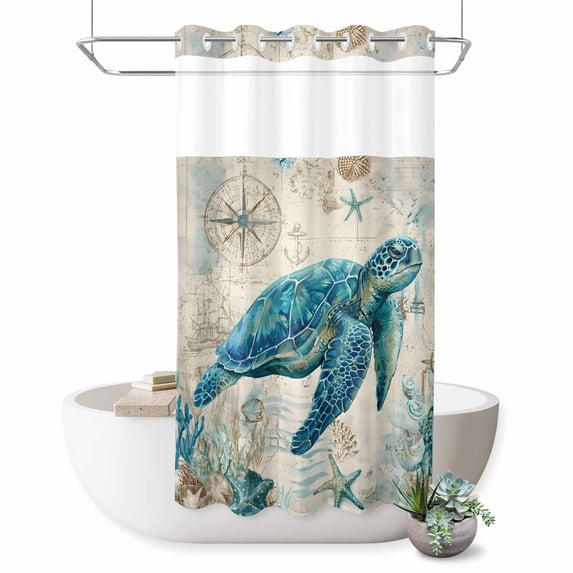 No Hook Shower Curtain, Teal Sea Turtle Coastal Shower Curtains for Bathroom with See Through Top Window, Vintage Summer Beach Nautical Waterproof & Washable Bath Curtain Small Stall 36"x78"