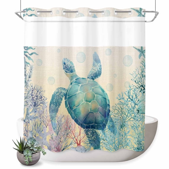 No Hook Shower Curtain, Teal Sea Turtle Shower Curtains for Bathroom with See Through Top Window, Summer Coastal Coral Ocean Linen Texture Waterproof & Washable Bath Curtain Standard 72"x72"