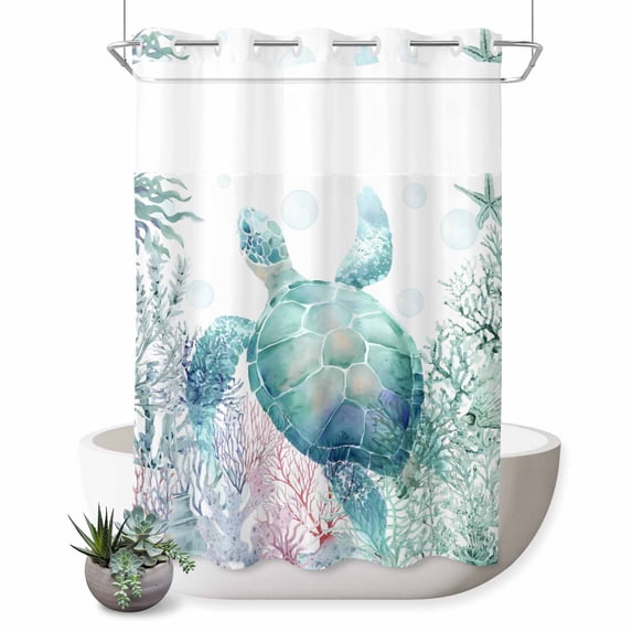 No Hook Shower Curtain, Teal Sea Turtle Shower Curtains for Bathroom with See Through Top Window, Summer Coastal Coral Ocean Waterproof & Washable Bath Curtain Extra Long 72"x96"