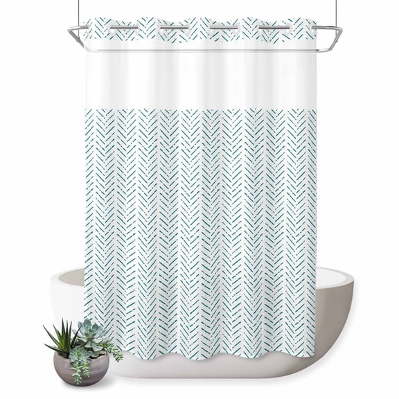 No Hook Shower Curtain, Teal Striped Shower Curtains for Bathroom with See Through Top Window, Modern Abstract Art Geometric Waterproof & Washable Bath Curtain 60"x72"