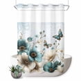 thumbnail image 1 of No Hook Shower Curtain, Teal Tulip Butterfly Shower Curtains for Bathroom with See Through Top Window, Beige Turquoise Floral Blue Coastal Waterproof & Washable Bath Curtain 60"x72", 1 of 9