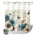 thumbnail image 1 of No Hook Shower Curtain, Teal Tulip Butterfly Shower Curtains for Bathroom with See Through Top Window, Turquoise Floral Farmhouse Beige Waterproof & Washable Bath Curtain 66"x72", 1 of 9