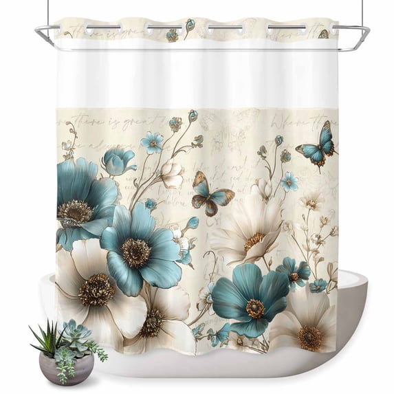 No Hook Shower Curtain, Teal Tulip Butterfly Shower Curtains for Bathroom with See Through Top Window, Turquoise Floral Farmhouse Beige Waterproof & Washable Bath Curtain 66"x72"