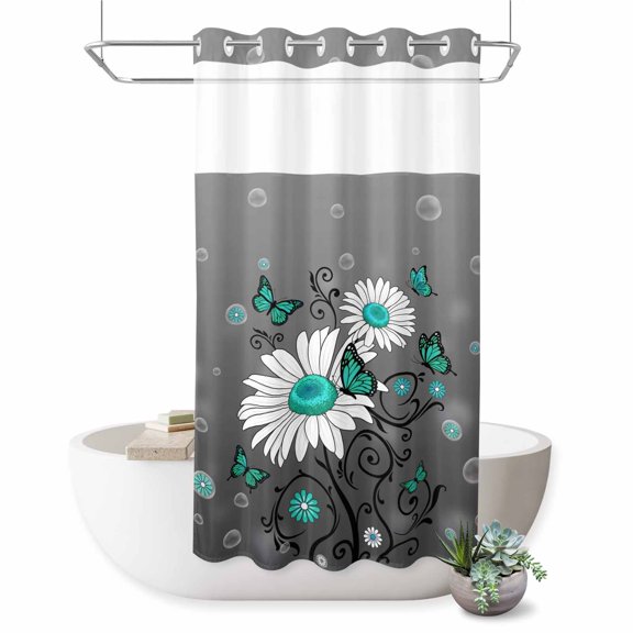 No Hook Shower Curtain Teal Turquoise Daisy Shower Curtain for Bathroom Grey Bubble Butterfly Floral Bath Curtains Waterproof Fabric with See Through Top Window for Spa Hotel 36x72 Inch