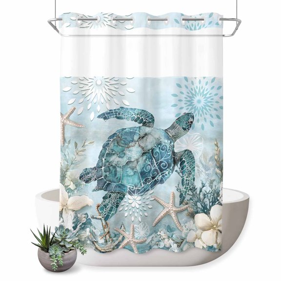No Hook Shower Curtain, Teal Turtle Coastal Shower Curtains for Bathroom with See Through Top Window, Summer Beach Nautical Starfish Waterproof & Washable Bath Curtain 60"x72"