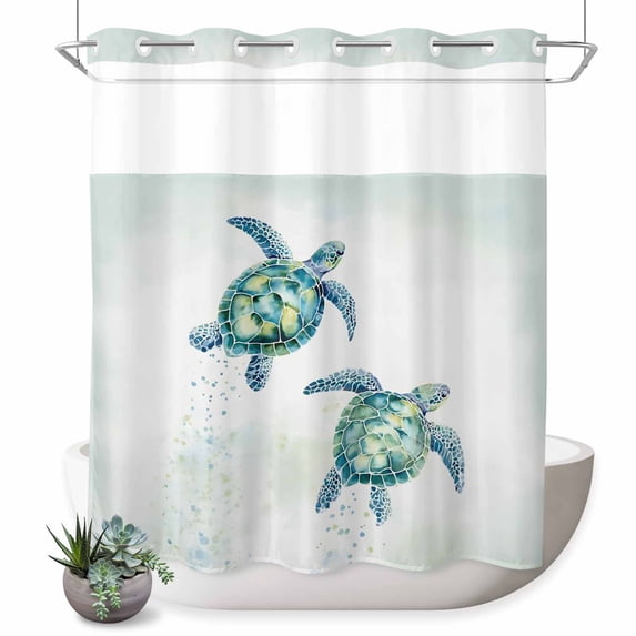 No Hook Shower Curtain, Teal Turtles Coastal Shower Curtains for Bathroom with See Through Top Window, Summer Ocean Sea Watercolor Waterproof & Washable Bath Curtain Long 72"x78"