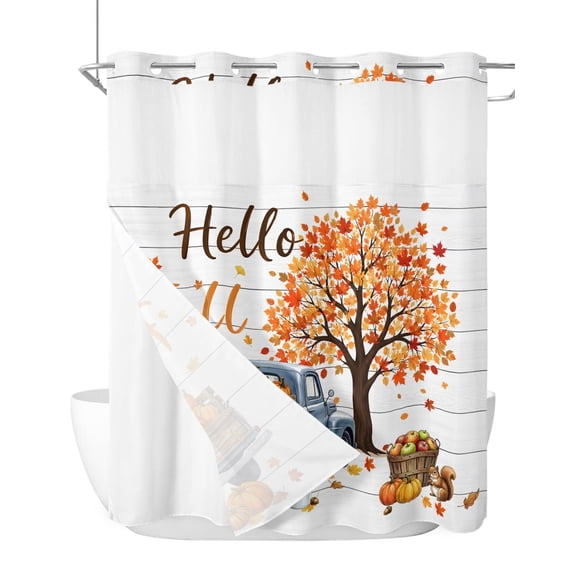 No Hook Shower Curtain, Thanksgiving Fall Standard Shower Curtain with Snap in Liner, Truck Pumpkin Maple Tree Wood Grain Waterproof Washable Fabric Bathroom Curtains Set, 72" x 72"