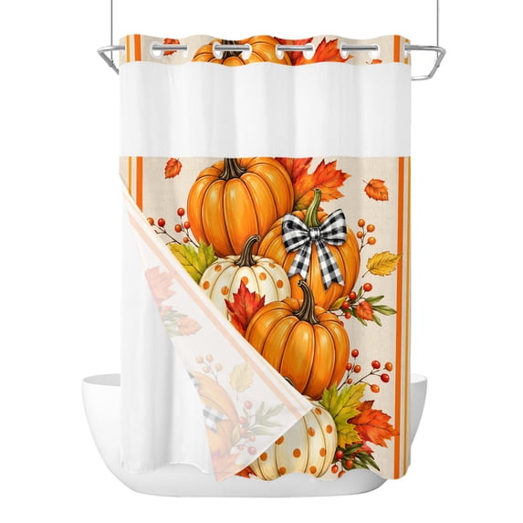 No Hook Shower Curtain, Thanksgiving Maple Leaf Extra Long Bathtub Curtains with Snap in Liner, Fall Pumpkins Berries Striped Beige Waterproof Washable Fabric Shower Curtain Set, 72" x 96"