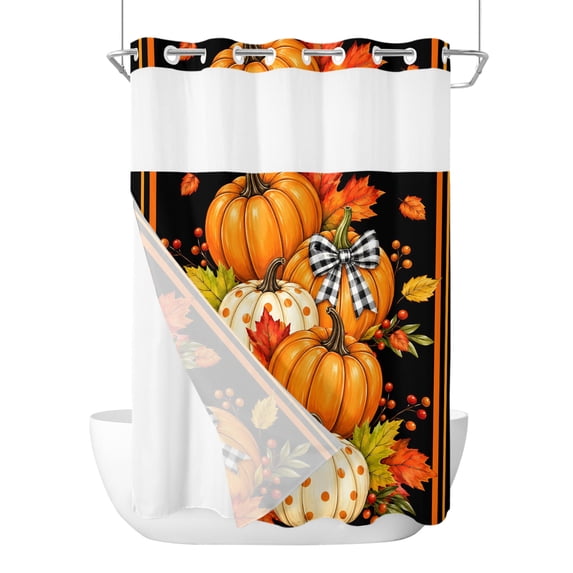 No Hook Shower Curtain, Thanksgiving Maple Leaf Extra Long Bathtub Curtains with Snap in Liner, Fall Pumpkins Berries Striped Black Waterproof Washable Fabric Shower Curtain Set, 72" x 96"