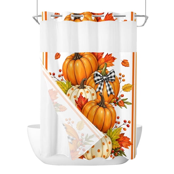 No Hook Shower Curtain, Thanksgiving Maple Leaf Standard Shower Curtains with Snap in Liner, Fall Pumpkins Berries Autumn Farm Waterproof Washable Fabric Bathroom Curtain Set, 60" x 72"