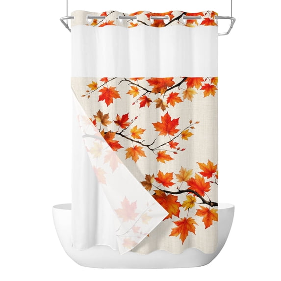 No Hook Shower Curtain, Thanksgiving Small Shower Curtains with Snap in Liner, Fall Farmhouse Orange Maple Leaves Branches Waterproof Washable Fabric Bathroom Curtain Set, 36" x 78"
