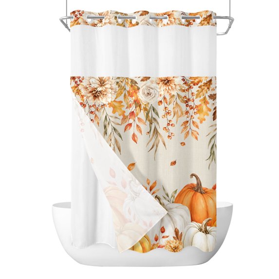 No Hook Shower Curtain, Thanksgiving Small Shower Curtains with Snap in Liner, Retro Fall Orange Pumpkin Branches Floral Waterproof Washable Fabric Bathroom Curtain Set, 36" x 72"