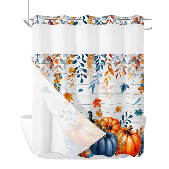 No Hook Shower Curtain, Thanksgiving Standard Shower Curtain with Snap in Liner, Fall Harvest Pumpkin Leaves Grey Wood Grain Waterproof Washable Fabric Bathroom Curtains Set, 72" x 72"