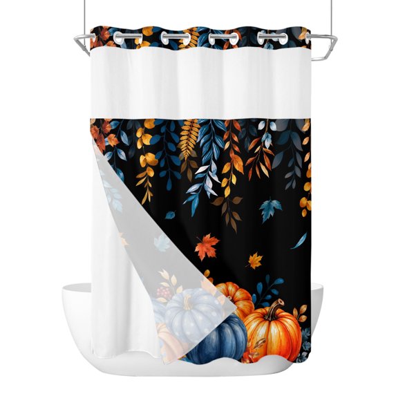 No Hook Shower Curtain, Thanksgiving Standard Shower Curtains with Snap in Liner, Country Fall Pumpkin Maple Leaves Navy Blue Waterproof Washable Fabric Bathroom Curtain Set, 60" x 72"