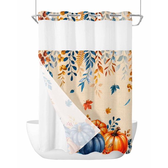 No Hook Shower Curtain, Thanksgiving Standard Shower Curtains with Snap in Liner, Farmhouse Orange Blue Pumpkin Maple Leaves Waterproof Washable Fabric Bathroom Curtain Set, 60" x 72"