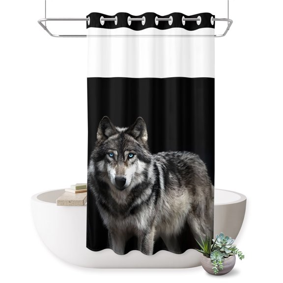 No Hook Shower Curtain, Timber Wolf Shower Curtains for Bathroom with See Through Top Window, Wilderness Animal Black Backdrop Waterproof & Washable Bath Curtain Stand Up Stall 36"x72"