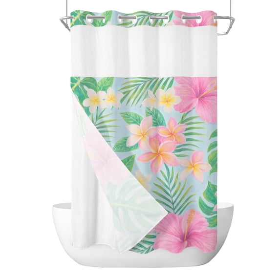 No Hook Shower Curtain, Tropical Flowers Stall Bathroom Curtains with Snap in Liner, Blue Summer Botanical Palm Leaves Waterproof Washable Fabric Shower Curtain Set, 54" x 78"
