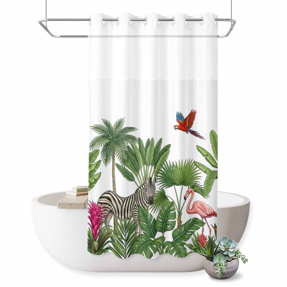 No Hook Shower Curtain Tropical Palm Tree Shower Curtain for Bathroom Forest Animal Flamigo Zebra Leopard Bath Curtains Waterproof Fabric with See Through Top Window for Spa Hotel 36x72 Inch