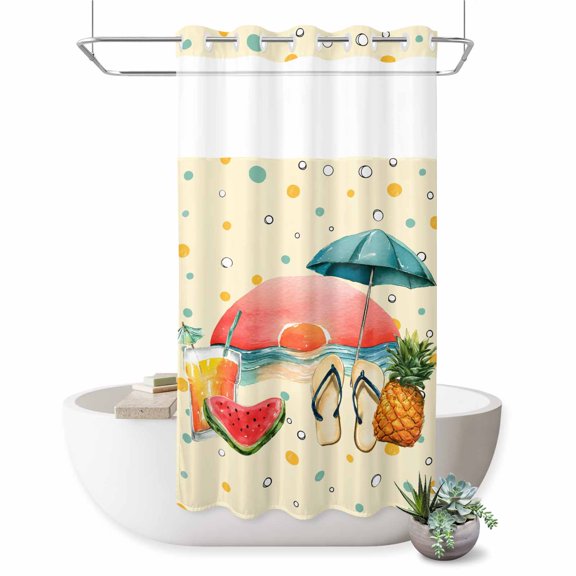 No Hook Shower Curtain Tropical Summer Beach Sunset Shower Curtain for Bathroom Yellow Pineapple Watermelon Bath Curtains Waterproof Fabric with See Through Top Window for Spa Hotel 36x72 Inch