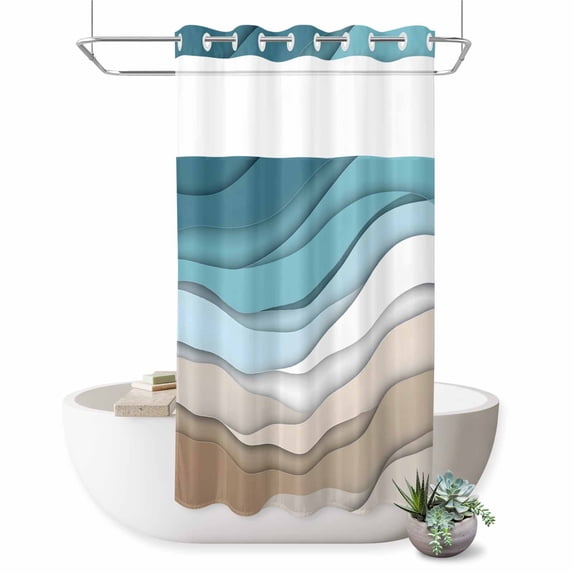 No Hook Shower Curtain, Turquoise Brown Shower Curtains for Bathroom with See Through Top Window, Teal White Geometric Gradient Stripes Waterproof & Washable Bath Curtain Small Stall 36"x78"