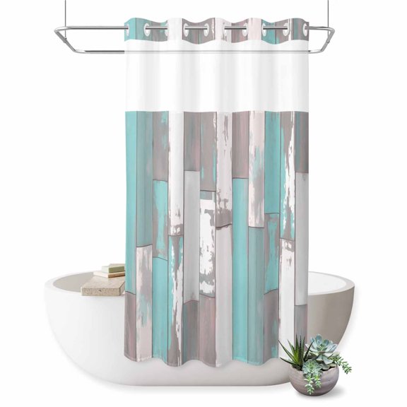 No Hook Shower Curtain, Turquoise Gray Shower Curtains for Bathroom with See Through Top Window, Country Retro Mottled Texture Wood Grain Waterproof & Washable Bath Curtain Stand Up Stall 36"x72"
