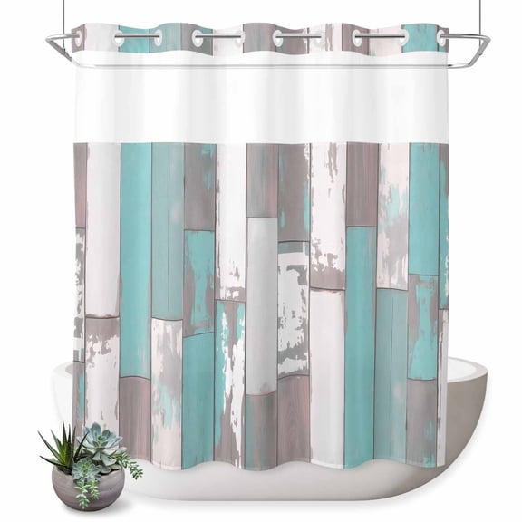No Hook Shower Curtain, Turquoise Gray Shower Curtains for Bathroom with See Through Top Window, Country Retro Mottled Texture Wood Grain Waterproof & Washable Bath Curtain Standard 72"x72"