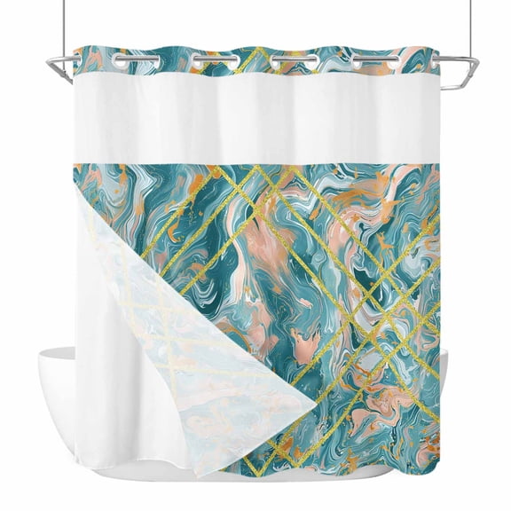 No Hook Shower Curtain, Turquoise Long Bathtub Curtains with Snap in Liner, Modern Geometric Marble Abstract Art Waterproof Washable Fabric Bathroom Curtain Sets, 72"W x 78"L