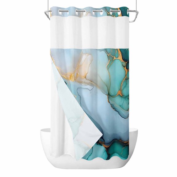 No Hook Shower Curtain, Turquoise Marble Small Shower Curtains with Snap in Liner, Farmhouse Abstract Ombre Texture Waterproof Washable Fabric Bathroom Curtain Sets, 36"W x 78"L