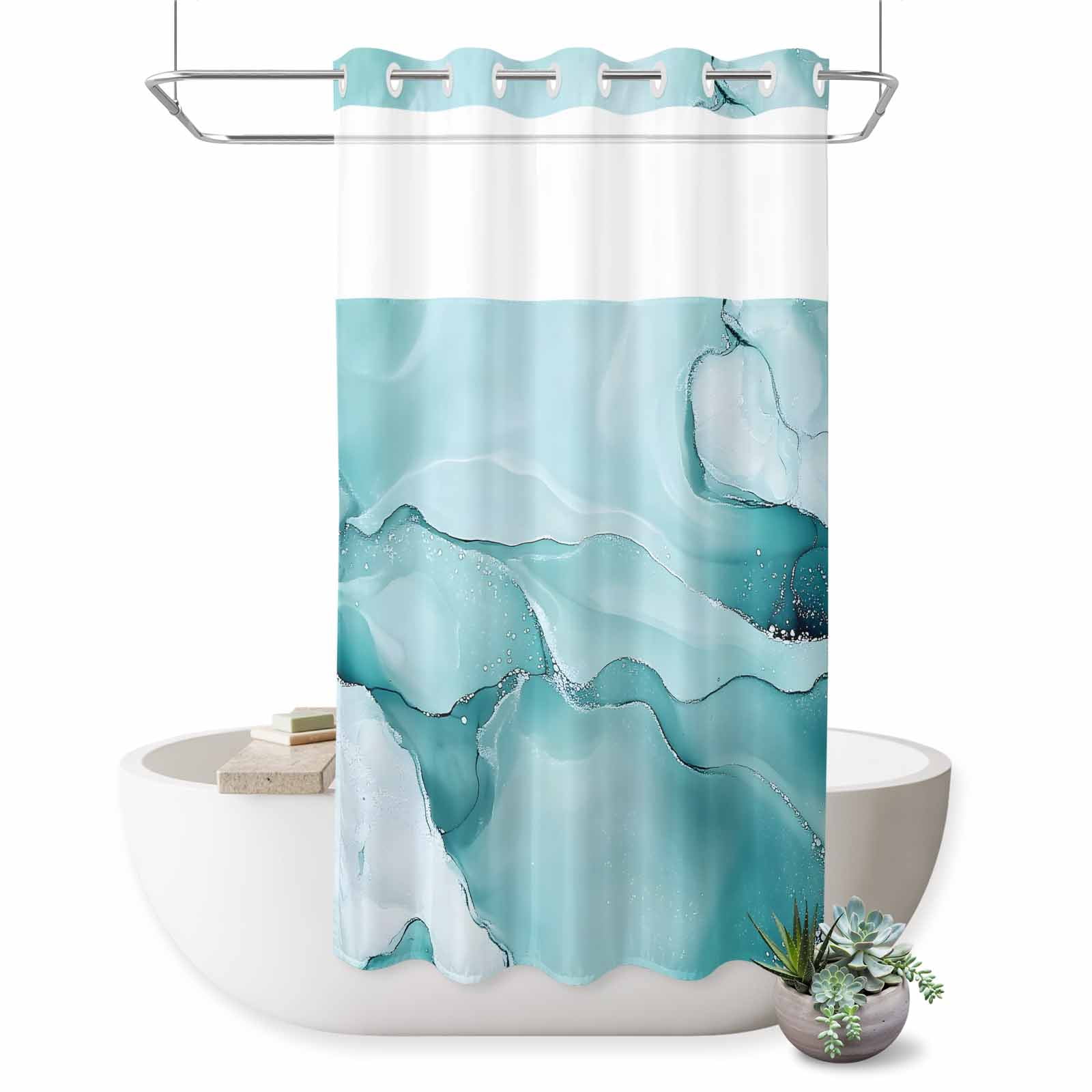No Hook Shower Curtain,Turquoise Marble Waterproof Shower Curtains for Bathroom,Modern Abstract Art Texture Watercolor Bathroom Curtain with Mesh Top Window for Home Hotel Bathtub,Small Stall 36"x72"