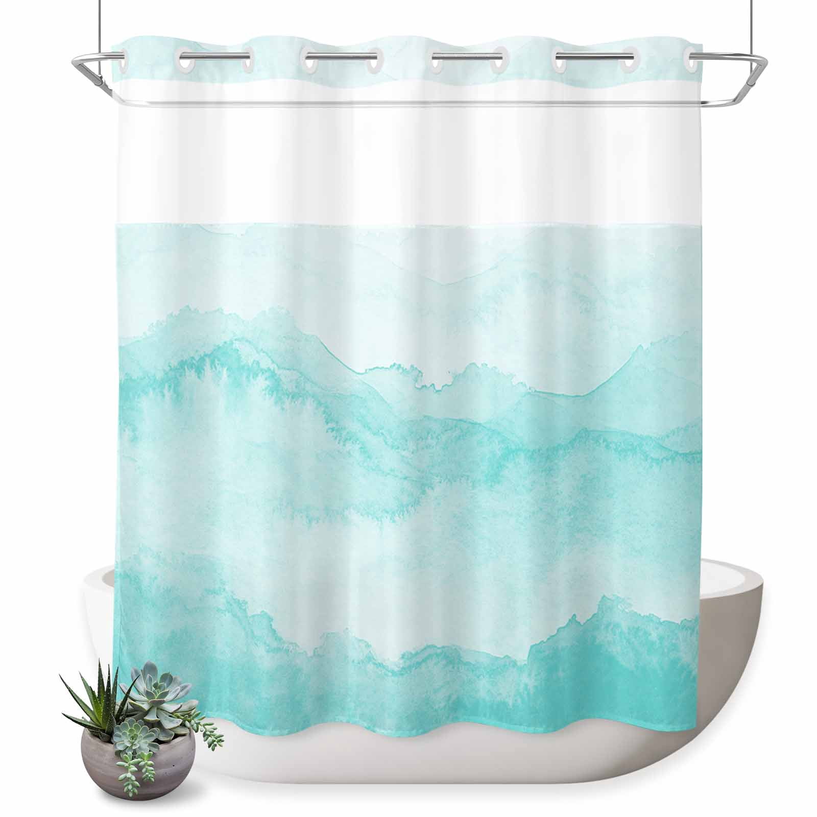 No Hook Shower Curtain Turquoise Mountain Shower Curtain for Bathroom Ombre Abstract Natural Bath Curtains Waterproof Fabric with See Through Top Window for Spa Hotel 72x72 Inch