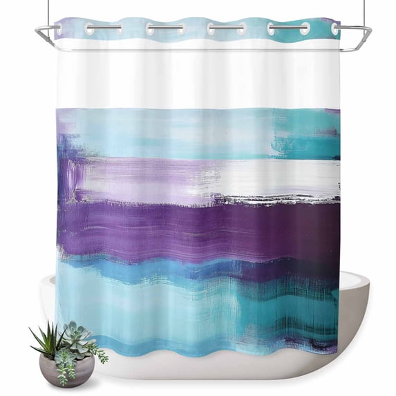 No Hook Shower Curtain, Turquoise Purple Shower Curtains for Bathroom with See Through Top Window, Geometric Abstract Modern Oil Painting Waterproof & Washable Bath Curtain 66"x72"