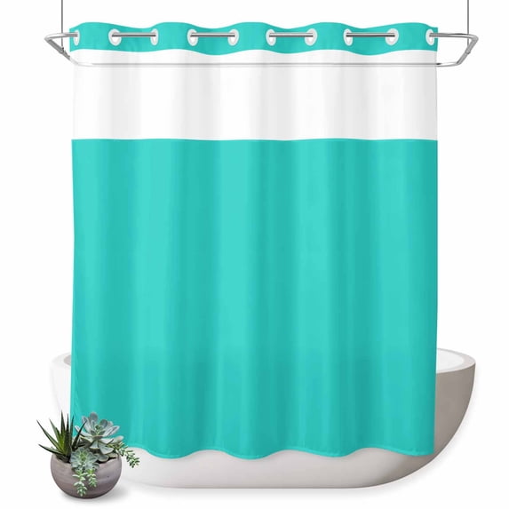 No Hook Shower Curtain, Turquoise Shower Curtains for Bathroom with See Through Top Window, Modern Pure Turquoise Waterproof & Washable Bath Curtain 66"x72"